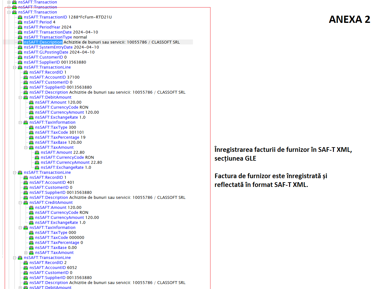 Exemplu XML SAF-T secțiunea GeneralLedgerEntries , înregistrarea contabilă a facturii furnizor