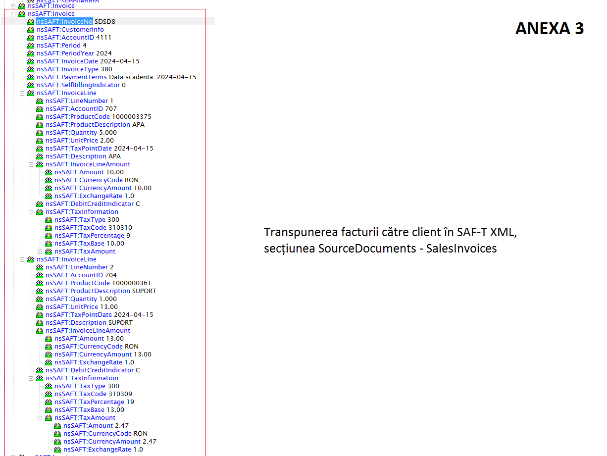 Exemplu XML SAF-T secțiunea SalesInvoices , transpunerea facturii de vânzare